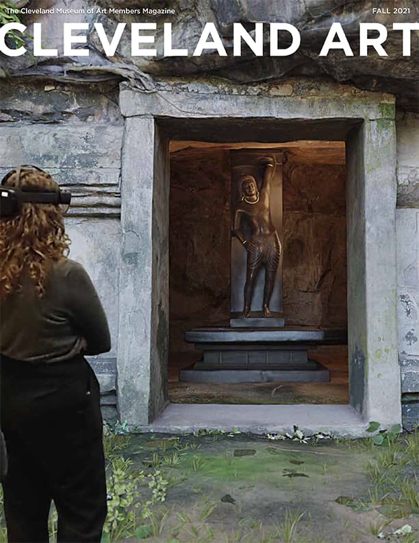 Magazine cover with a visitor wearing hololens headgear and looking into a cave with the Cleveland Krishna super-imposed inside