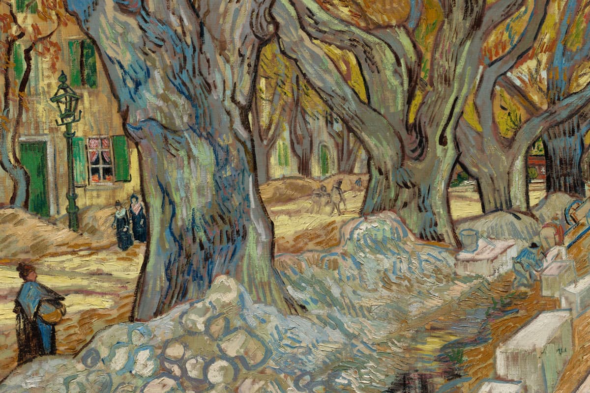 A colorful oil painting of a road being repaired with thick brush strokes in shades of yellow, brown, blue, green, and white