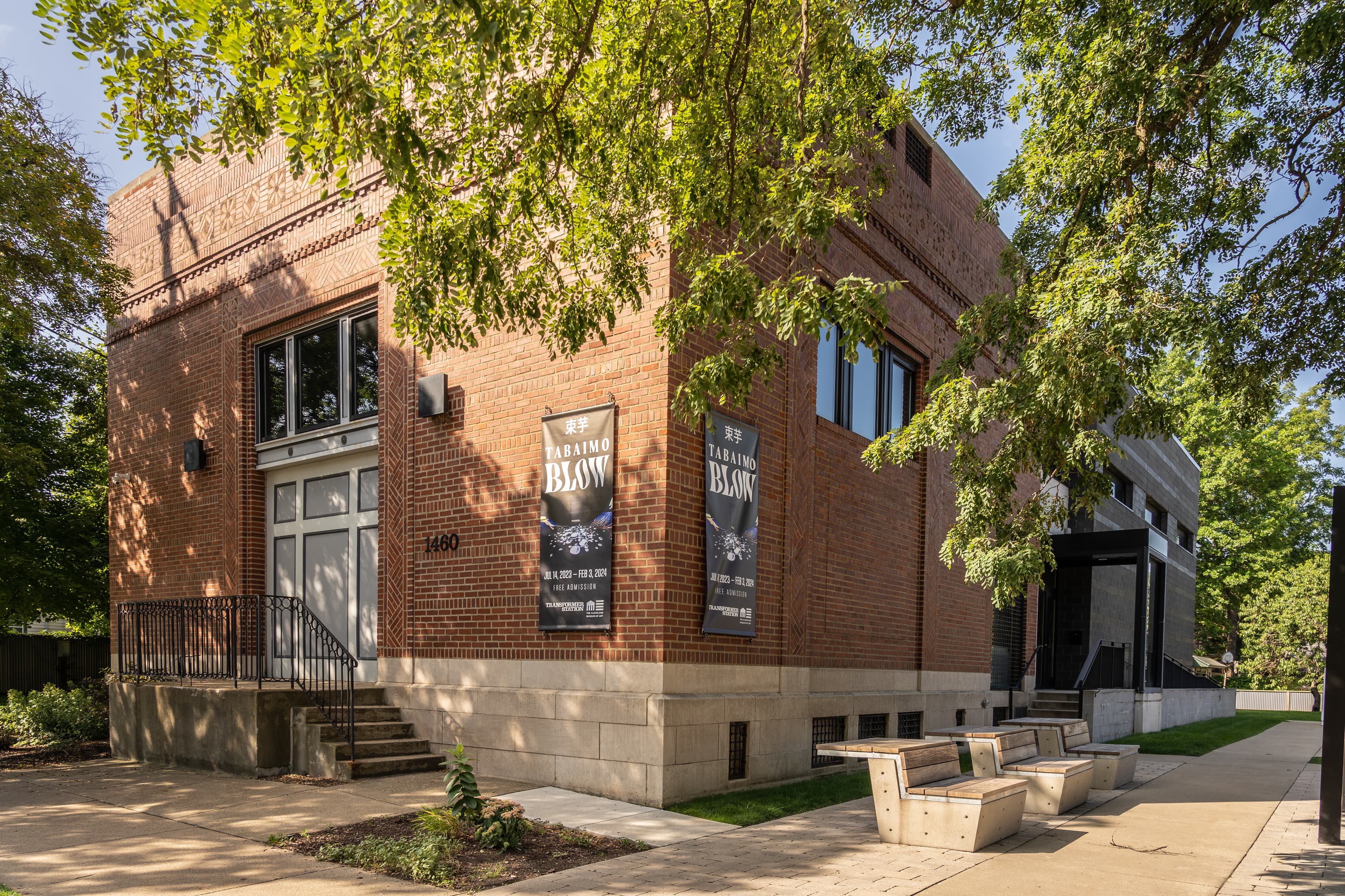Exterior corner of Transformer station on a sunny summer day.