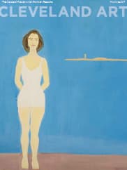 COVER Bather, an Oil on linen of a lady in a white swim suit with a vast blue background representing water and a lighthouse in the distance on a small island. by Alex Katz