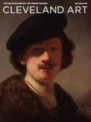 A painting of a bust of a young man in somber tones with a moustache, pointy beard, wearing a black beret, fur coat, white collar. Titled Self-Portrait with Shaded Eyes, by Rembrandt van Rijn on the cover of the magazine
