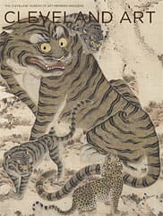 Korean Hanging scroll, ink and color of a Tiger Family-cubs climbing all over mother on the magazine cover.