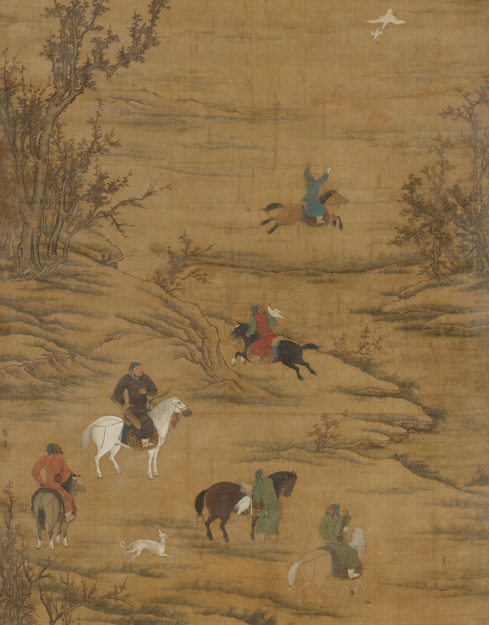 Chinese painting of several men on horseback on a creek bed. One with hands stretched high above his head, another with bird on his shoulder, and four more in the foreground with a galloping dog