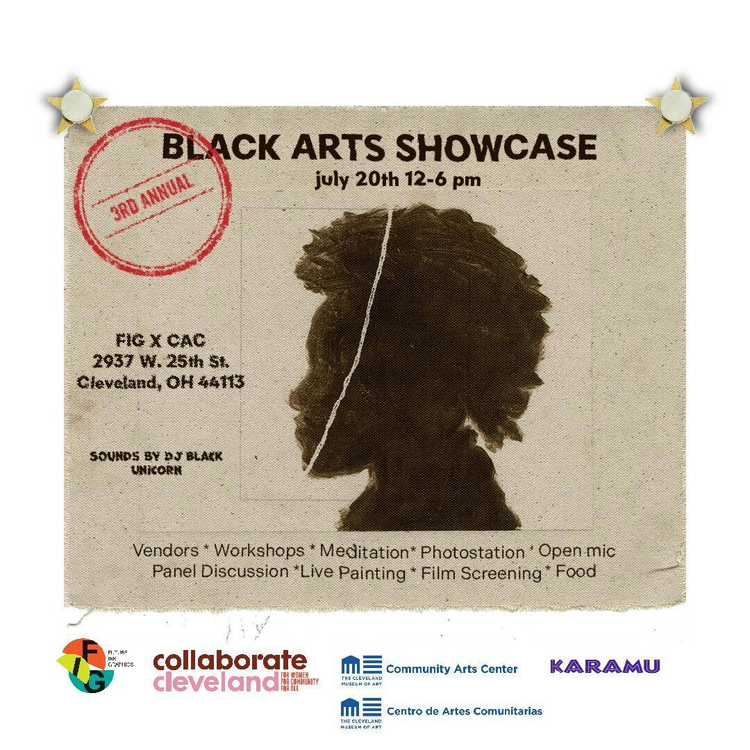 Black Arts Showcase poster featuring partner logos, date, and time information.