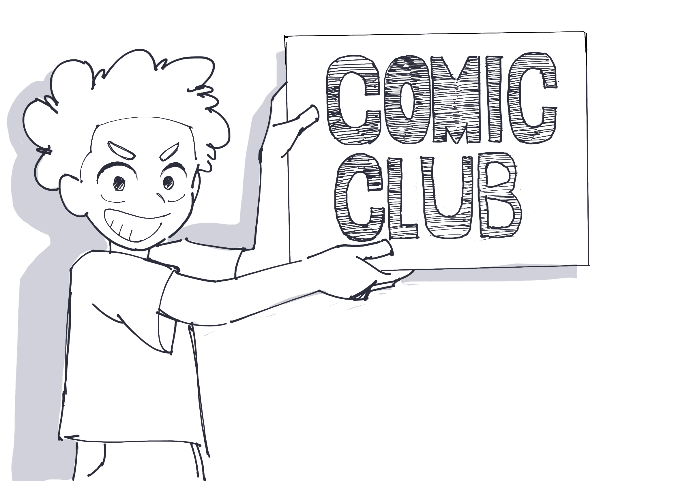 Illustration of a young teen holding a sign that reads "Comic Club"