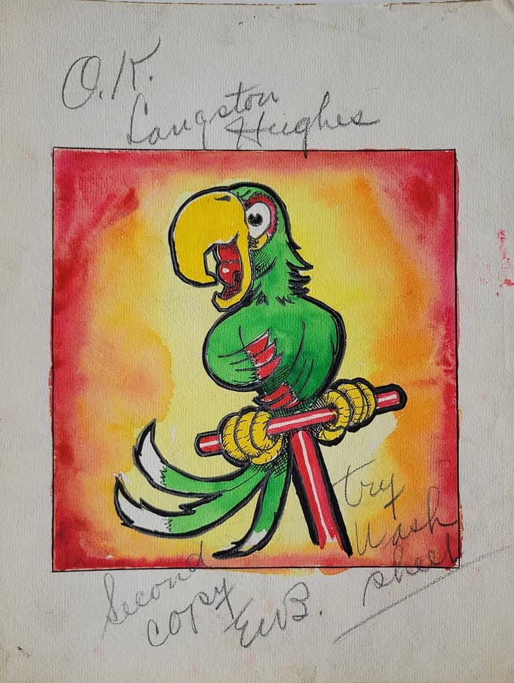 An angry green parrot with a yellow beak and yellow claws holding onto a red post.