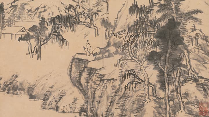 detail of a Chinese ink painting of a man on a cliff surrounded by trees looking over a landscape with a waterfront and a small structure