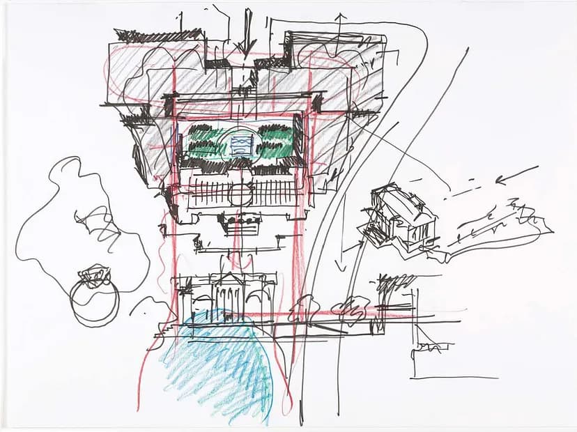 Architectural sketch in black of the different components of the Cleveland Museum of Art with red lines connecting them, and areas shaded in blue and green.