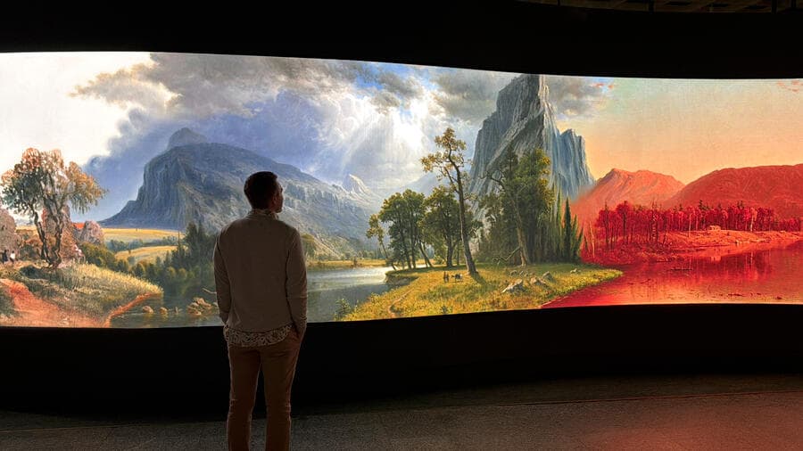 A person silhouetted in front of a large screen showing colorful blending landscapes